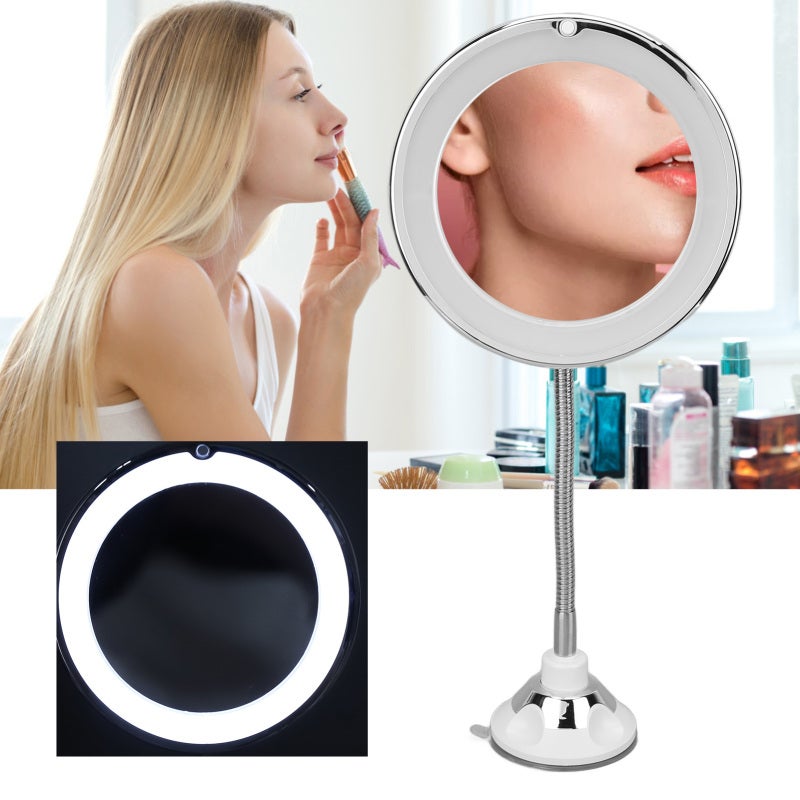 10X Magnifying Mirror: Battery-Powered LED Fill Light, Adjustable 360-Degree Gooseneck, Suction Cup Easy Installation - Portable Makeup Mirror for Home Office, Personal Grooming - Image 2
