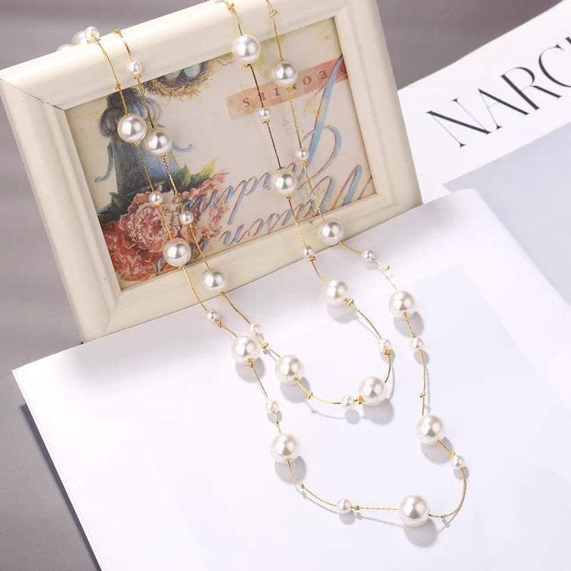 Cykdohy Pearl Layered Strand Necklaces for Women Dainty Fashion Long Imitation Pearls Beads Multiple Strands Chain Layer Choker Necklace Elegant Statement Charm Winter Sweater Vintage Wedding Party Costume Jewelry Gifts (White Pearl Gold Tone) - Image 4