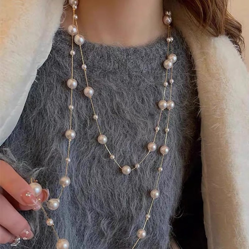 Cykdohy Pearl Layered Strand Necklaces for Women Dainty Fashion Long Imitation Pearls Beads Multiple Strands Chain Layer Choker Necklace Elegant Statement Charm Winter Sweater Vintage Wedding Party Costume Jewelry Gifts (White Pearl Gold Tone) - Image 5