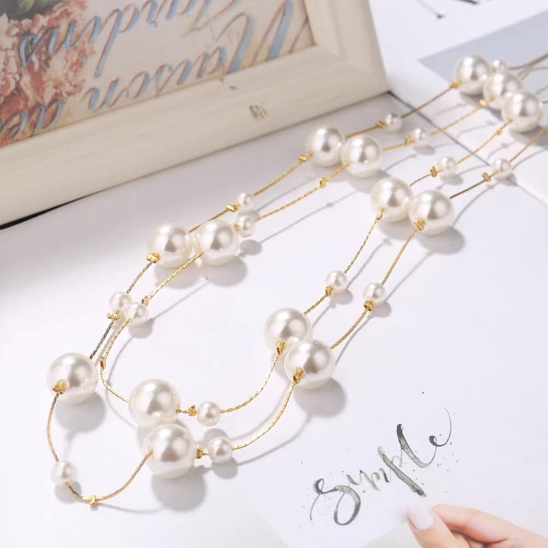 Cykdohy Pearl Layered Strand Necklaces for Women Dainty Fashion Long Imitation Pearls Beads Multiple Strands Chain Layer Choker Necklace Elegant Statement Charm Winter Sweater Vintage Wedding Party Costume Jewelry Gifts (White Pearl Gold Tone) - Image 2