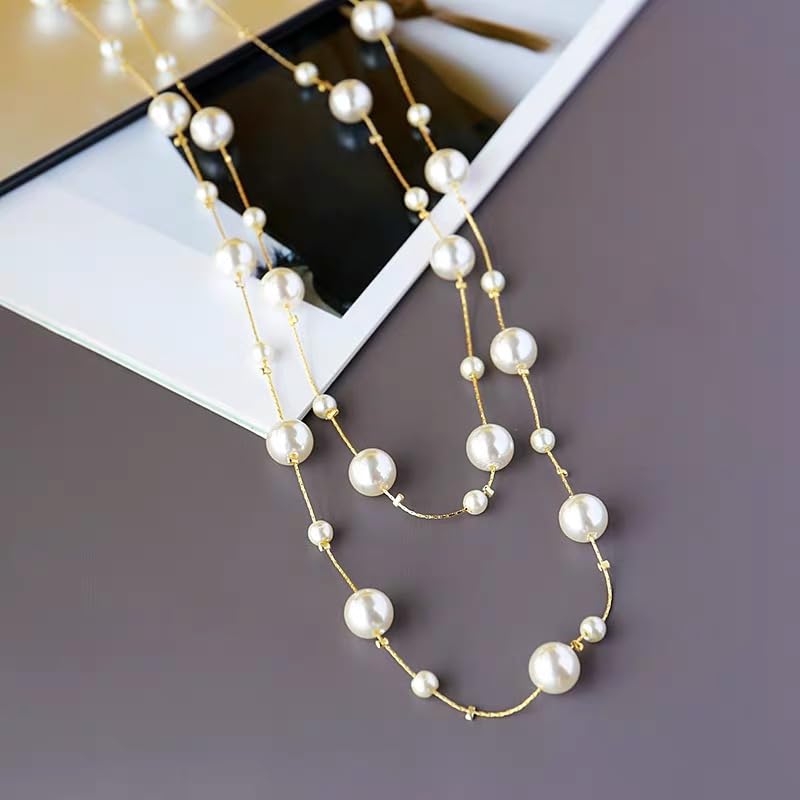 Cykdohy Pearl Layered Strand Necklaces for Women Dainty Fashion Long Imitation Pearls Beads Multiple Strands Chain Layer Choker Necklace Elegant Statement Charm Winter Sweater Vintage Wedding Party Costume Jewelry Gifts (White Pearl Gold Tone) - Image 3