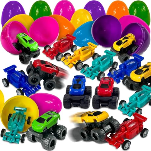 Stargo 8 Pack 32 Colorful Prefilled Easter Eggs bulk with Racing Mini Car Vehicles Pull Back Cars Plastic Easter Eggs Large for Easter Basket stuffers Easter Gifts Party Favors Boy Goodie Bags - Image 1