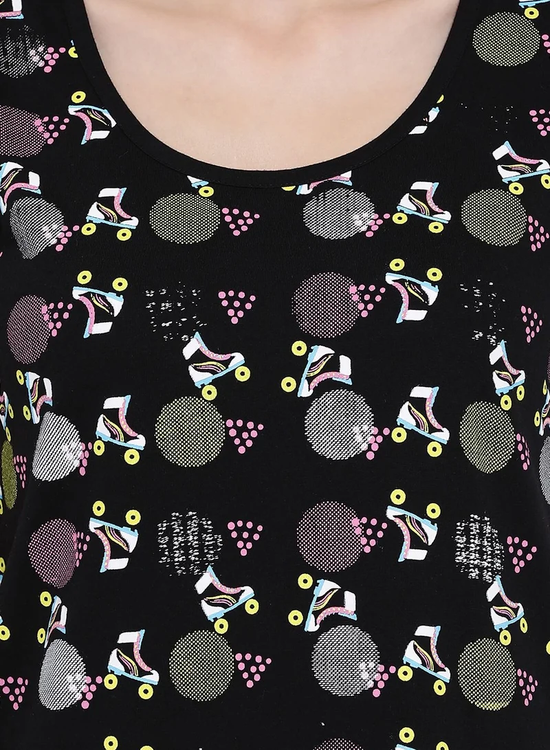 Clovia  Clovia Printed Short Night Dress - Cotton Black for Women | Best Price UAE