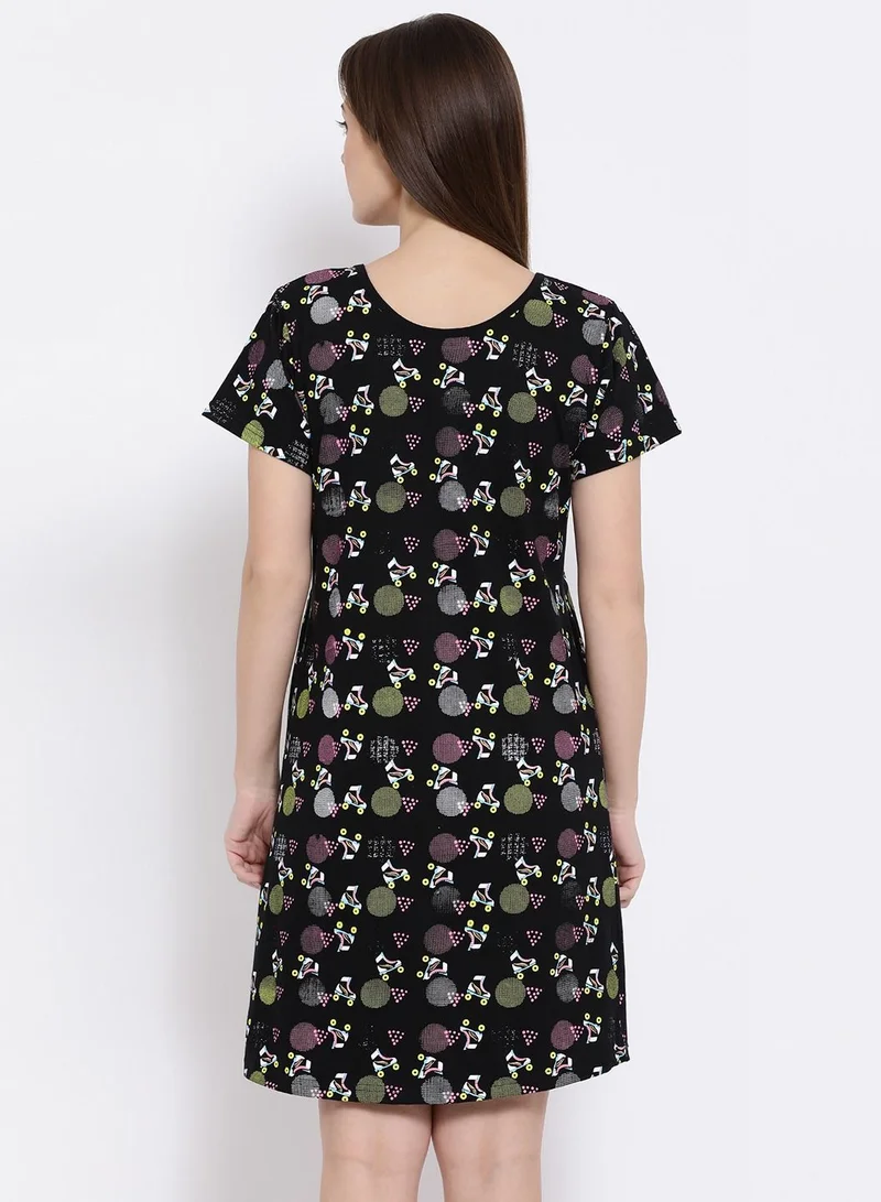 Clovia  Clovia Printed Short Night Dress - Cotton Black for Women | Best Price UAE