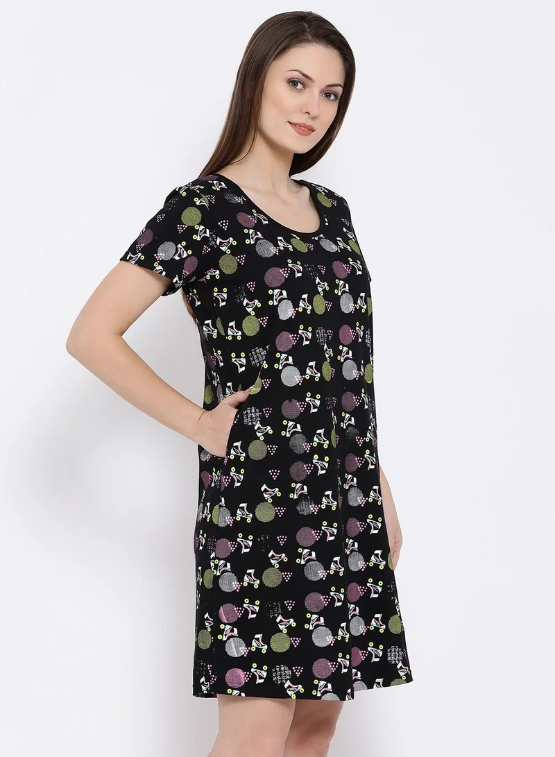 Clovia  Clovia Printed Short Night Dress - Cotton Black for Women | Best Price UAE