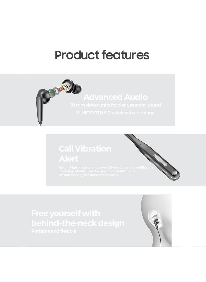 Acxmo Neckband Wireless Earphone with 36H Music & Talk Time Micro SD Card Slot  Call Vibration Alert Black