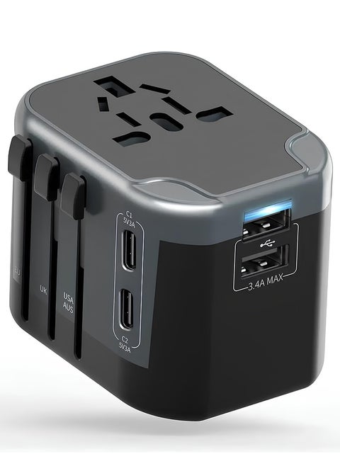All in One International Travel Adapter with 4 USB (2 USB A & 2 USB Type C), Worldwide Universal Travel Plug with Charging Ports AC Power Converters Socket to USA Europe UK Australia France