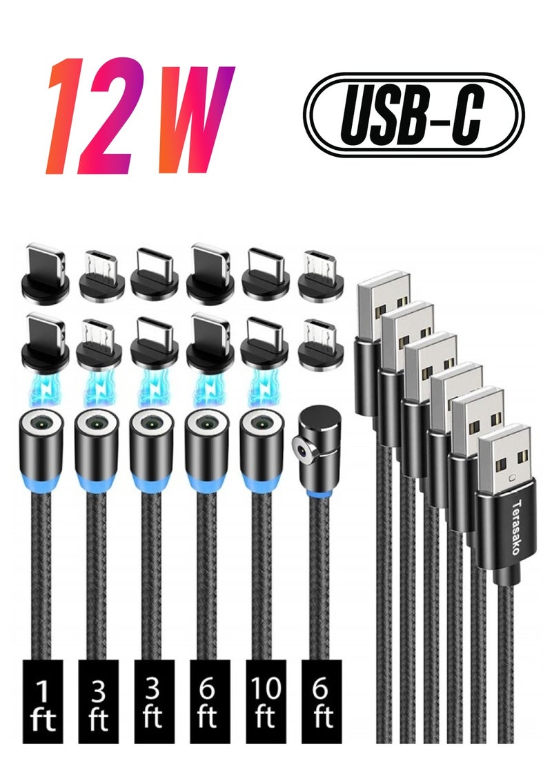 Terasako Magnetic Charging Cable 6-Pack [1ft/3ft/3ft/6ft/6ft/10ft], 3 in 1 Nylon Braided Magnetic Phone Charger, Compatible with Micro USB, Type C, iProduct and Most Devices  - Image 1