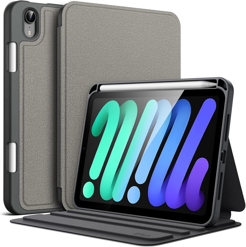 جي تيك حالة لجهاز iPad Mini (A17 Pro، موديل 2024، الجيل السابع) / Mini 6 (موديل 2021، الجيل السادس) مع حامل القلم، غطاء حماية لوحي رفيع قابل للطي مع حامل، زوايا عرض متعددة (رمادي فضائي) - Image 1