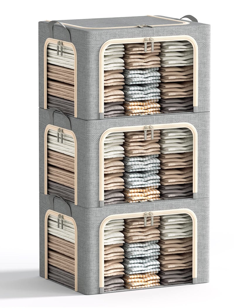 Furnhome 3 Opeings Large Clothes Storage Bins with Metal Frame, Foldable Storage Bin for Clothes, Clothing Storage Bins with Lid, Linen Storage Box With Clear Windowï¼† Zippersï¼† Handles.(3 Pcs,Light Grey,66L) - Image 1