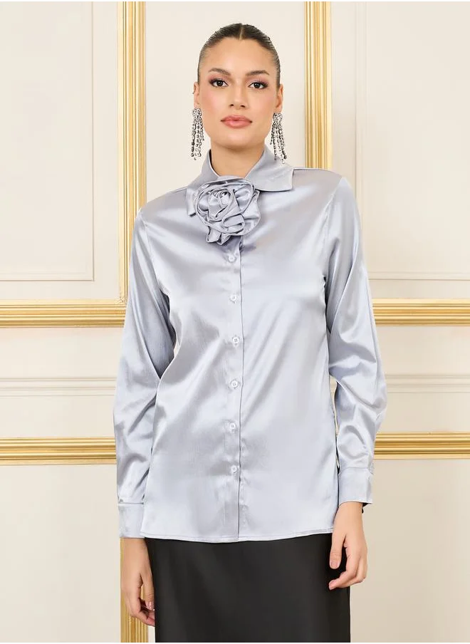 ستايلي Satin Corsage Detail Neck Regular Fit Blouse