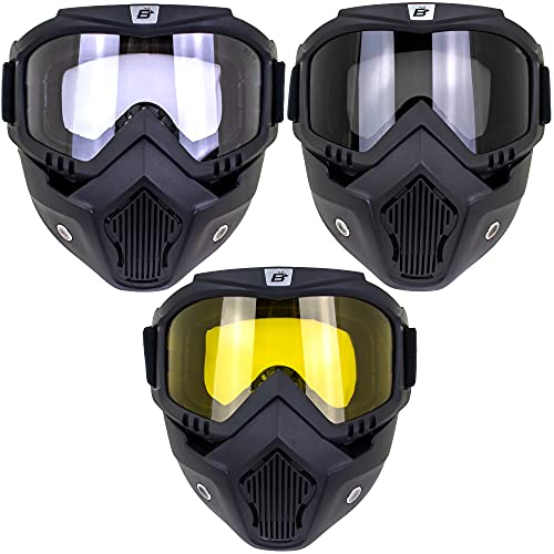 Birdz Eyewear Skylark Motorcycle Goggles Removable Face Mask 3 Pairs Black Frames with Clear Smoke Yellow Lenses - Image 1