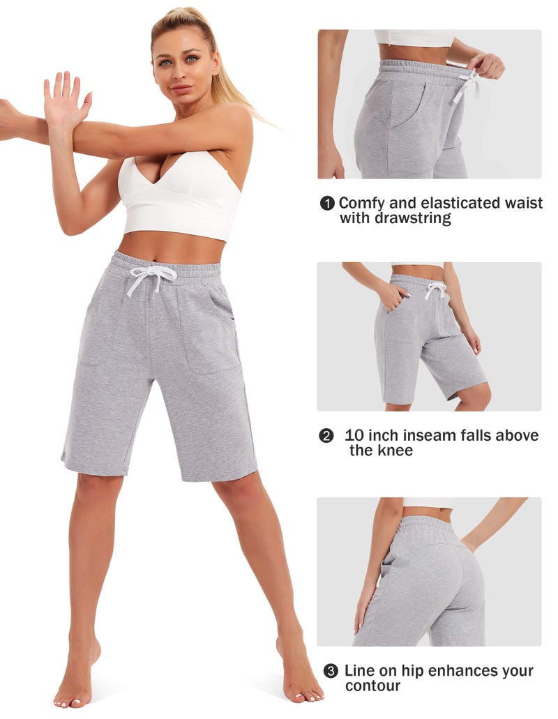 SPECIALMAGIC Cotton Sweat Shorts with Pockets for Women 10" Athletic Lounge Sports Workout Bermuda Knee Shorts Light Grey - Image 3