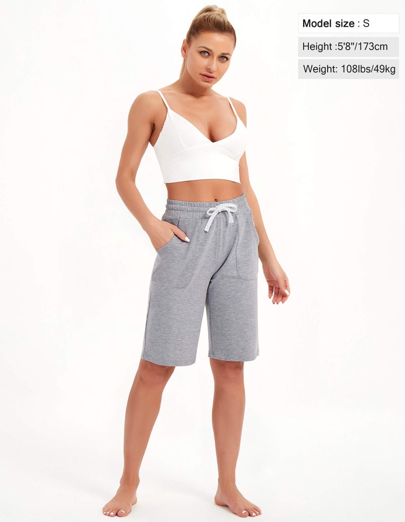 SPECIALMAGIC Cotton Sweat Shorts with Pockets for Women 10" Athletic Lounge Sports Workout Bermuda Knee Shorts Light Grey - Image 4