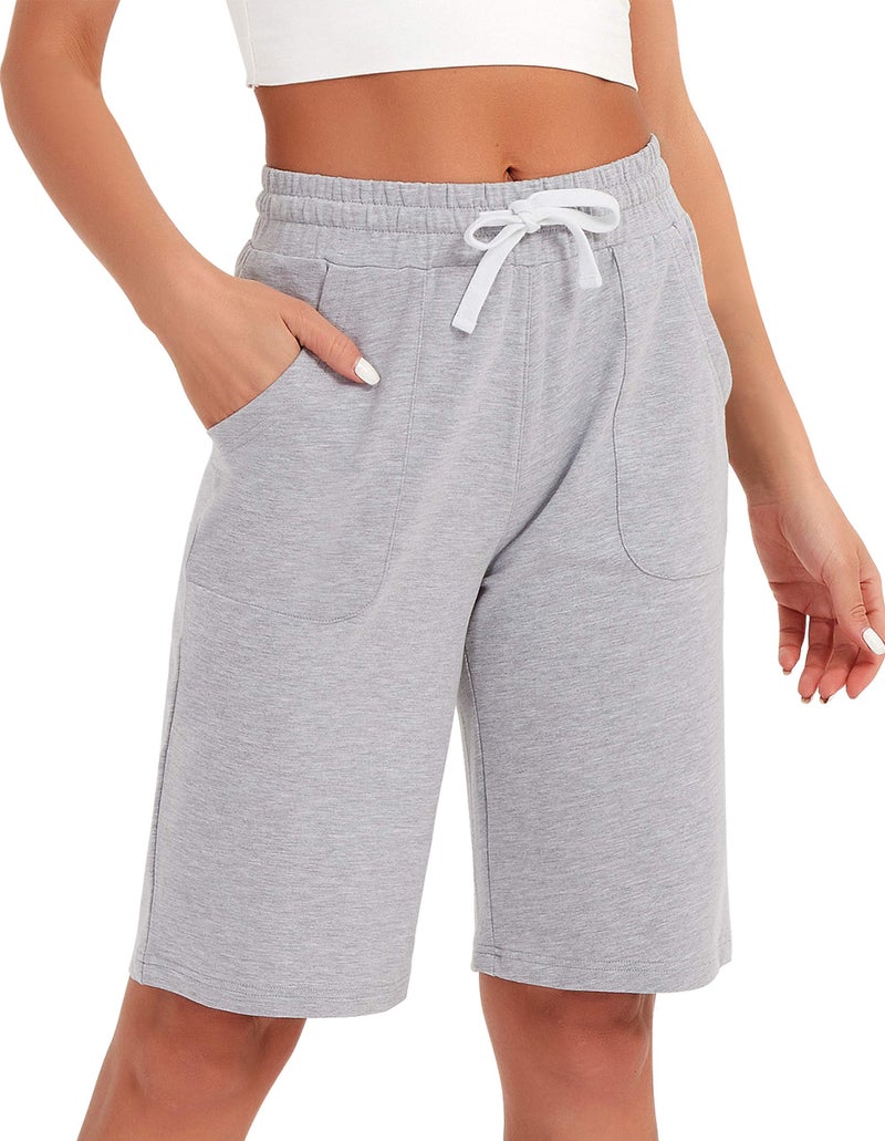 SPECIALMAGIC Cotton Sweat Shorts with Pockets for Women 10" Athletic Lounge Sports Workout Bermuda Knee Shorts Light Grey - Image 1
