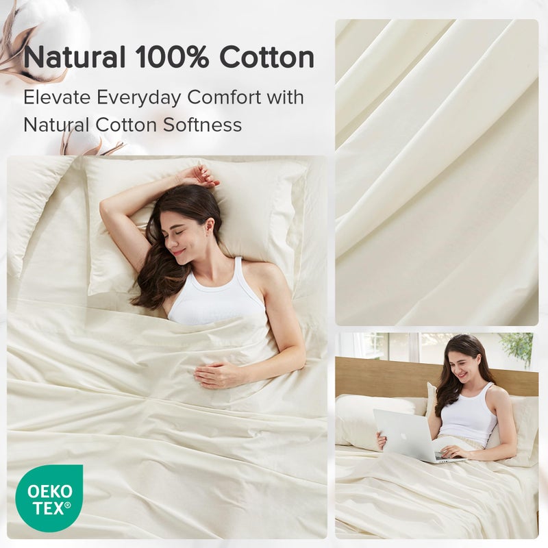 Comfort Spaces 100% Cotton Sheets Twin, Breathable, Soft Cotton Sheets, Naturally Cool Cotton Bed Sheets with 12" Elastic Pocket Fits up to 14" Mattress, All Season Sheet Set, Twin Ivory 3 Piece - Image 5