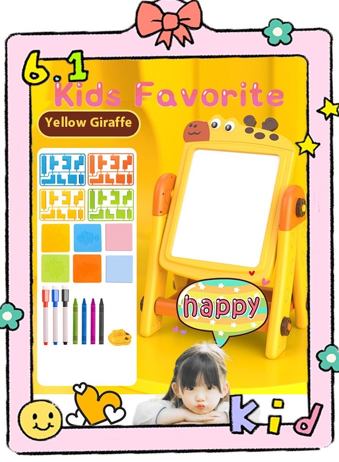 kids double-sided  drawing board, kids toys，suitable for toys for boys and girls, with rotating and adjustable blocks and painting frames, educational enlightenment toys, gifts for children(Yellow)  - Image 1