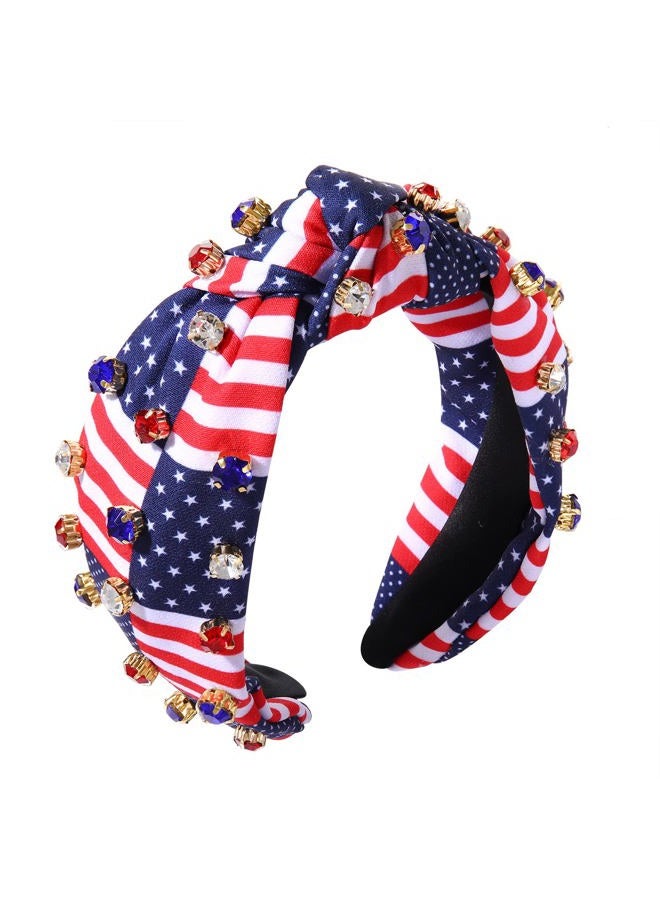HSWE Crystal Velvet Headband American Flag Cross Knotted Turban Headdress Patriotic rhinestone Statement Wide Hair Band Hoop Accessories For Women Girls (Red White Blue) - Image 1