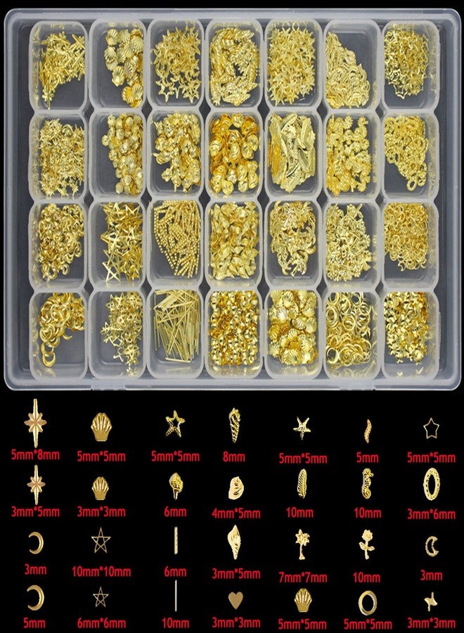 Vezocim 28 Grids Gold Metal Nail Studs, Multiple Shapes Rivet Jewelry Accessories, 3D Mix Geometry Nail Art Glitter Flakes Decorations Set for Women Girls Manicure Acrylic Nails Supplies DIY Crafts Sequins - Image 5