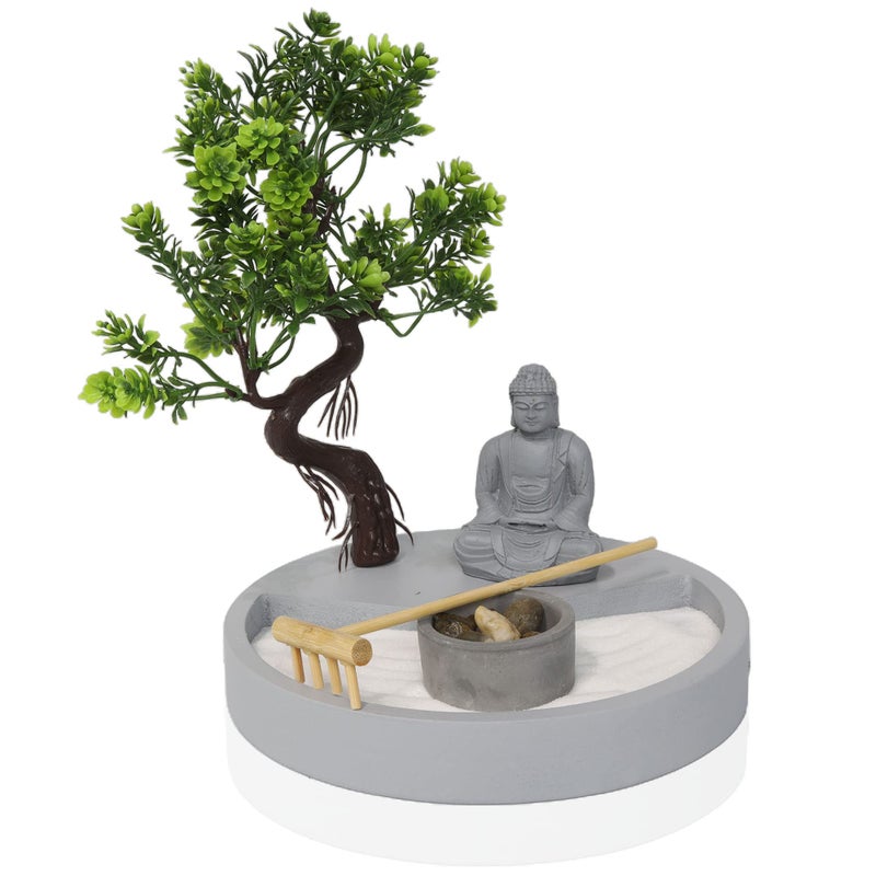 Round Shape Zen Garden Tealight Candle Holder with a Mini Buddha Statue and a Bonsai Tree A Perfect Japanese Art for Relaxation and Meditation Free Your Mind with Our Mini Zen Garden Decor Gray