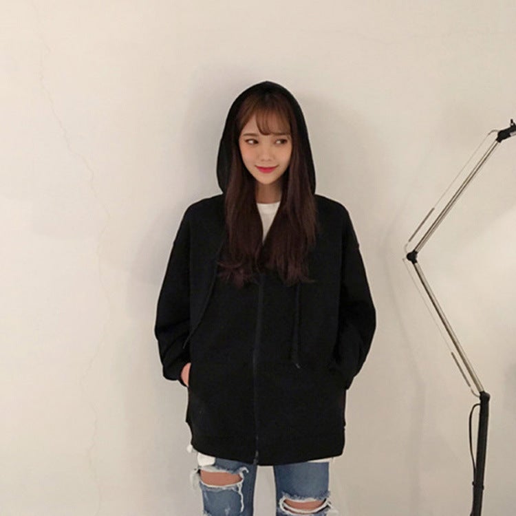 Casual Zip Hoodie Women Autumn Winter Velour Sweatshirt Black  - Image 1