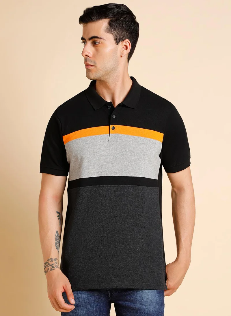 Dennis Lingo Black Colourblocked Regular Fit Polo Collar T-shirt for Men - 100% Cotton, Half Sleeves, Casual