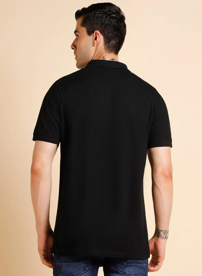 Dennis Lingo Black Colourblocked Regular Fit Polo Collar T-shirt for Men - 100% Cotton, Half Sleeves, Casual