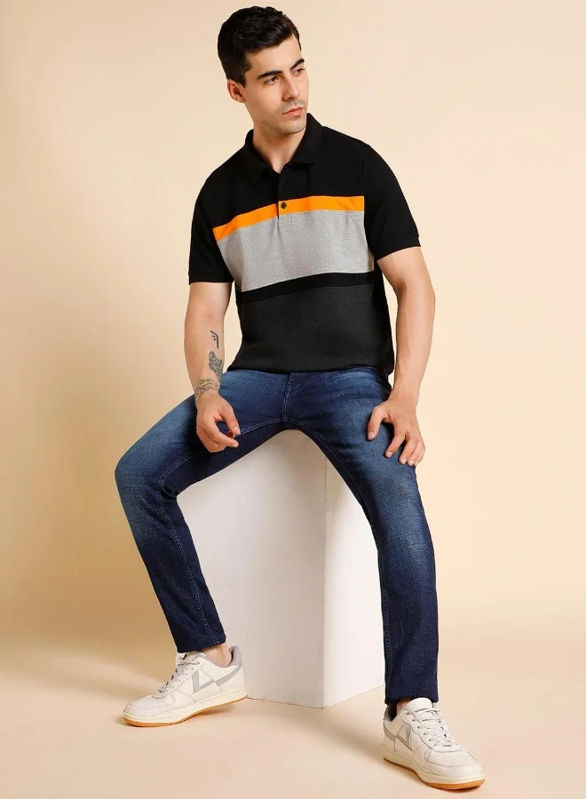 Dennis Lingo Black Colourblocked Regular Fit Polo Collar T-shirt for Men - 100% Cotton, Half Sleeves, Casual