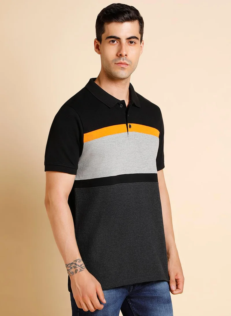 Dennis Lingo Black Colourblocked Regular Fit Polo Collar T-shirt for Men - 100% Cotton, Half Sleeves, Casual