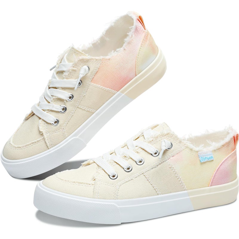 Obtaom Womens Colour Blocking Play Canvas Sneakers Cute Tie Dye Splicing Slip on Shoes Comfortable Multi Walking Shoes for Lady(Light Yellow,US6) - Image 1