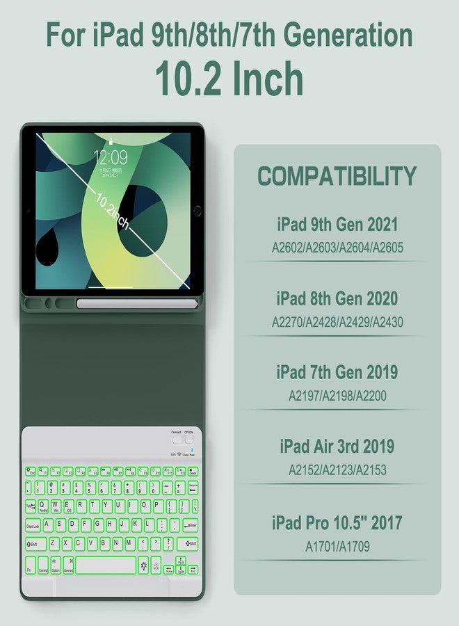 YUNPLE for iPad 9th 8th 7th Generation Case with Keyboard 10.2" - 7 Color Backlit Wireless Detachable Folio Keyboard Cover with Pencil Holder, Compatible with iPad Pro 10.5”/Air 3rd Gen (Dark Green) - Image 2