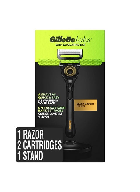 Illette Labs Mens Razor With Exfoliating Bar Shaving Kit For Men Includes 1 Handle 2 Razor Blade Refills 1 Premium Magnetic Stand Black And Gold Razor For Men