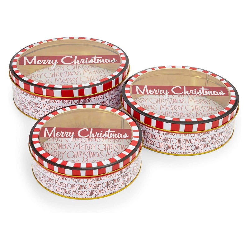Juvale 3Piece Cookie Tin with Lid  875 in775 in65 in Round Red  White  Tin Containers with Lids for Cookie Storage  Container Set