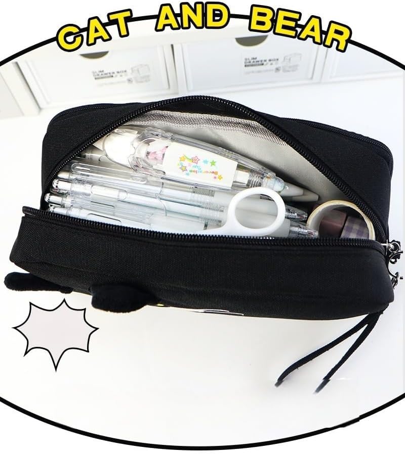 Large Capacity Pencil Case with 3 Layers, Double Layer Embroidery Cat Design Pen Organizer, Multi-Compartment Stationery Pouch for Students, Kids and Cat Lovers, School Supplies Travel Pen Holder - Image 5
