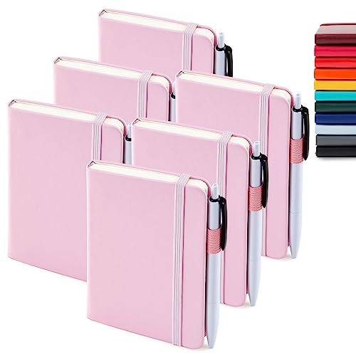 feela 6 Pack Pocket Small Notebooks Bulk, Mini Cute Memo Notepads Hardcover College Ruled Lined Journals with Pen Holder for Women Girls Office School, with 6 Black Pens, 3.5”x 5.5”, A6, Rose Pink - Image 1