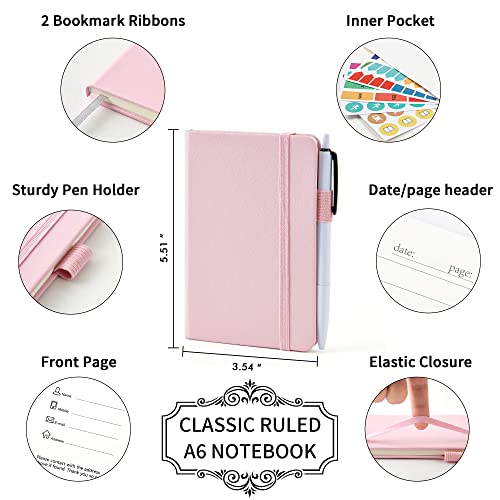 feela 6 Pack Pocket Small Notebooks Bulk, Mini Cute Memo Notepads Hardcover College Ruled Lined Journals with Pen Holder for Women Girls Office School, with 6 Black Pens, 3.5”x 5.5”, A6, Rose Pink - Image 2