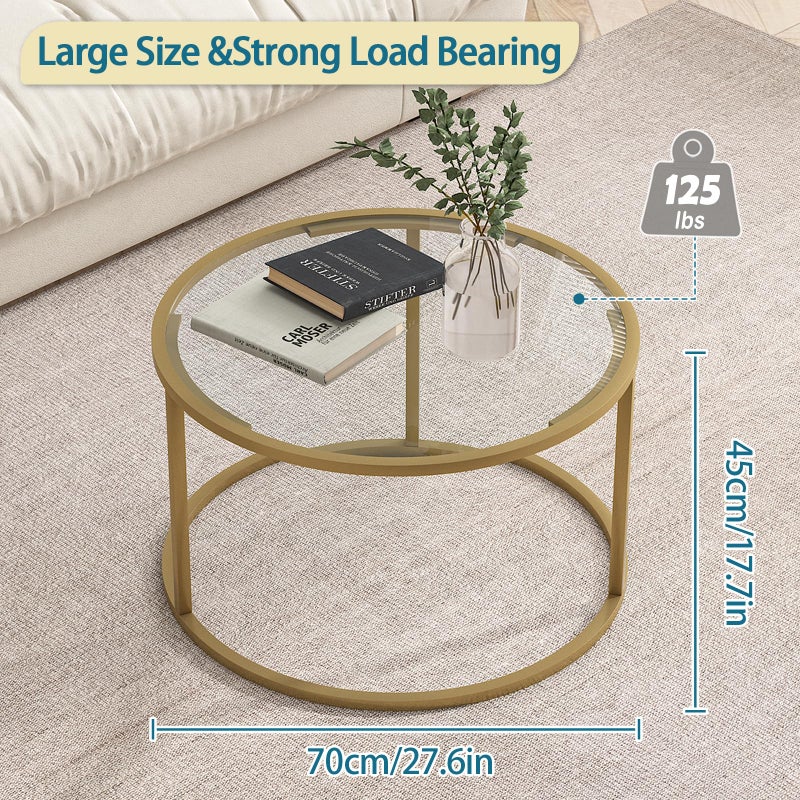 Easy Paws Glass Coffee Table,Round Gold Coffee Table for Small Space,27" Modern Center Table,Glass Top Clear Coffee Table with Sturdy Metal Frame for for Living Room Home Office, Easy Assembly - Image 3