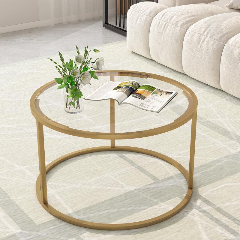 Easy Paws Glass Coffee Table,Round Gold Coffee Table for Small Space,27" Modern Center Table,Glass Top Clear Coffee Table with Sturdy Metal Frame for for Living Room Home Office, Easy Assembly - Image 1