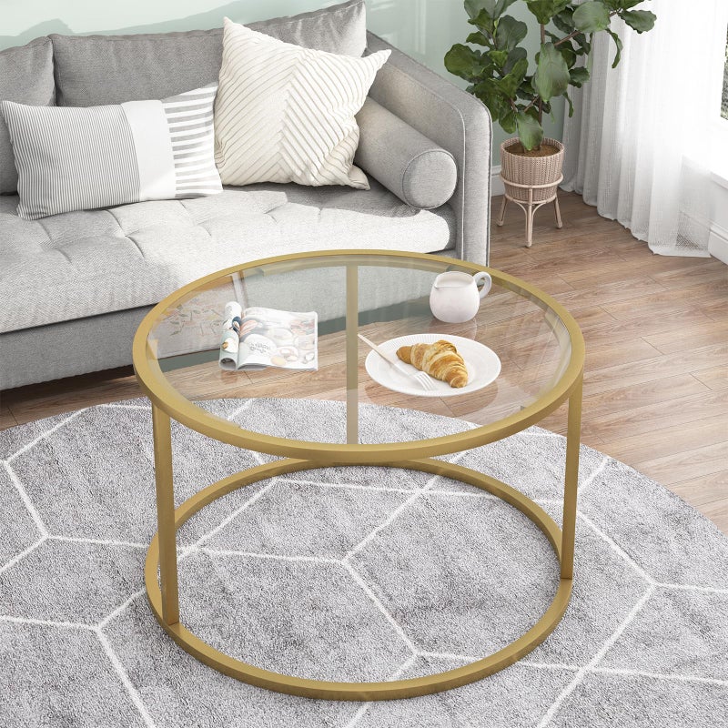 Easy Paws Glass Coffee Table,Round Gold Coffee Table for Small Space,27" Modern Center Table,Glass Top Clear Coffee Table with Sturdy Metal Frame for for Living Room Home Office, Easy Assembly - Image 2
