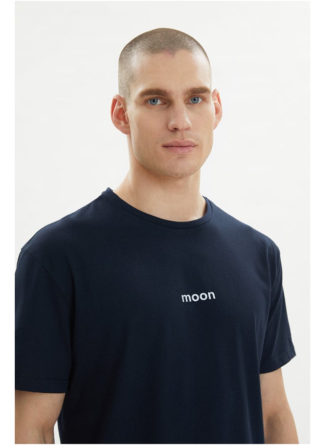 trendyol - Navy Blue Men's Regular Fit Moon Printed Knitted Pajamas Set - Image 1
