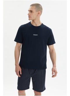 Navy Blue Men's Regular Fit Moon Printed Knitted Pajamas Set