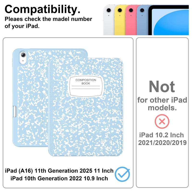 Supveco Case for iPad (A16) 11th Generation 11 inch (2025),iPad 10th Generation 10.9 inch (2022) with Pencil Holder-[Auto Wake/Sleep],Premium Folio Stand Case with Soft TPU Back Cover-Ice Blue - Image 2