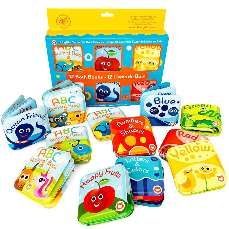 BabyBibi Super Bath Book Set of 12 (Fruits, Ocean Friends, ABC, Numbers Books; Color Recognition Bath Books Including Yellow, Green, Red and Blue Color Topics, ABC Animal Bath Books. - Image 1