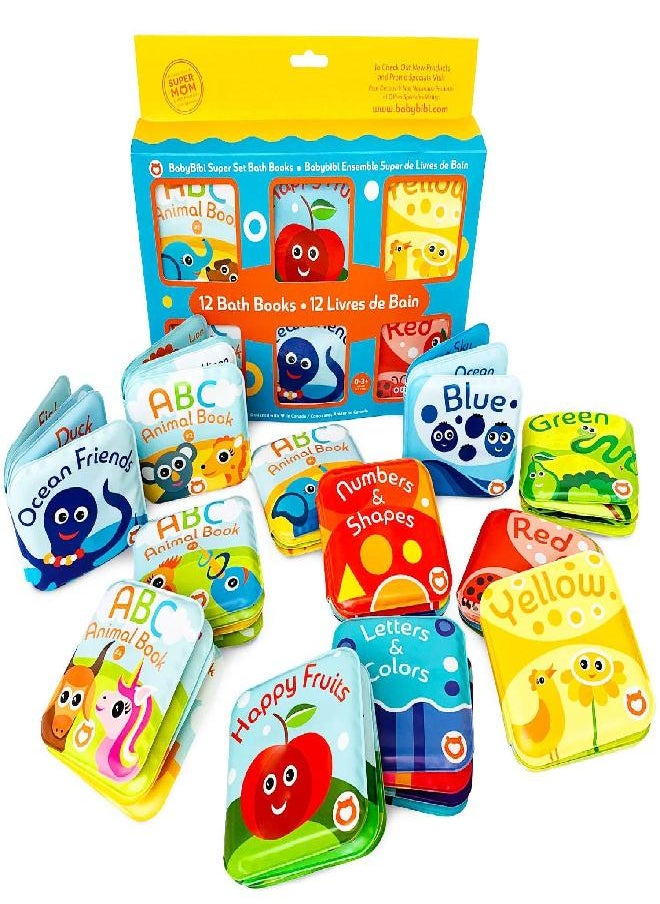 BabyBibi Super Bath Book Set of 12 (Fruits, Ocean Friends, ABC, Numbers Books; Color Recognition Bath Books Including Yellow, Green, Red and Blue Color Topics, ABC Animal Bath Books.  - Image 1