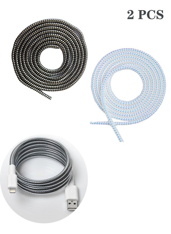 Beauenty 2Pcs 1.6m Spiral Cable Protector, Charger Cable Protector Data Cable Protective Sleeve, Headphone Cable Saver, Charger Protective Cover for Phone USB Prevent Pets from Biting the Cable ( Laser Black and Laser White) - Image 1