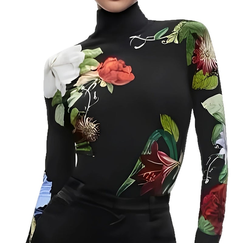 High Neck Slim Fit Long Sleeve T-Shirt with Floral Print - Image 4