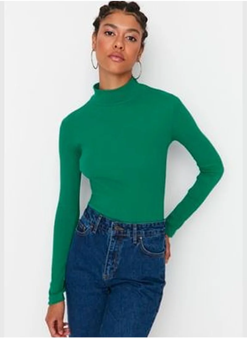 trendyol Emerald Fitted/Situated Collar Long Sleeve Ribbed Stretch Knit Blouse TWOAW21BZ0423