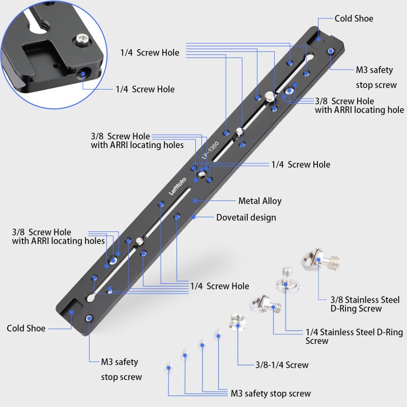 LEFTFOTO 350mm Double Dovetail Slide Rail with Arca Swiss Quick Release Plate,Locating Hole for ARRI,1/4" & 3/8" Threads,Cold Shoe - for DSLR Camera Tripod Ballhead - Image 4