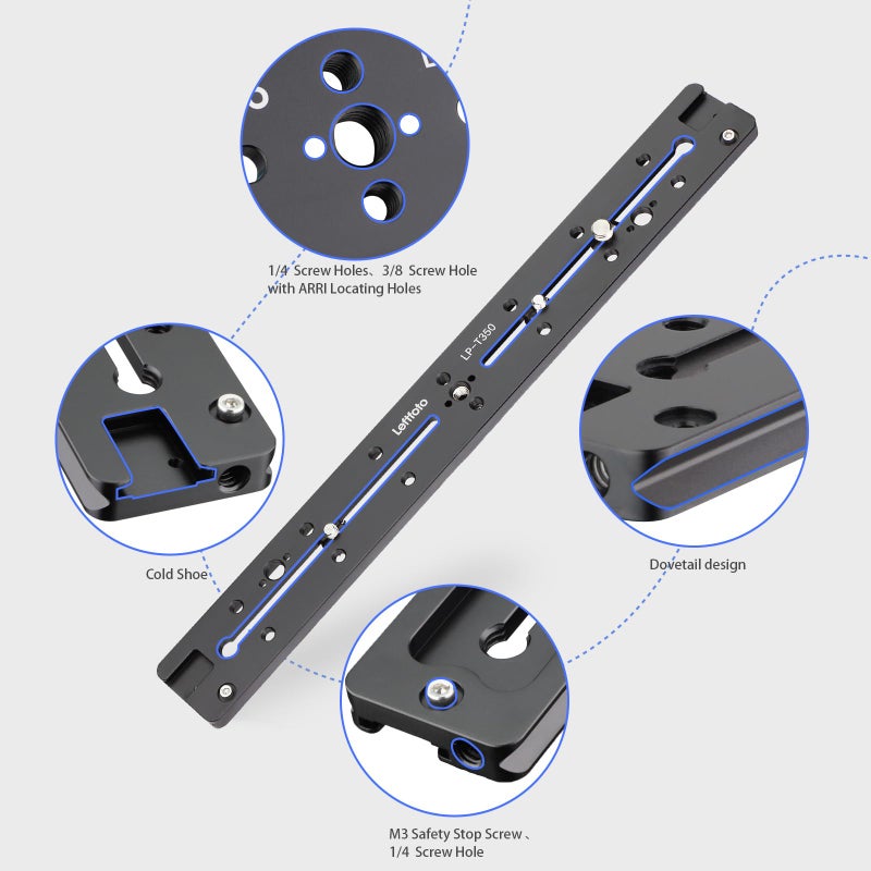 LEFTFOTO 350mm Double Dovetail Slide Rail with Arca Swiss Quick Release Plate,Locating Hole for ARRI,1/4" & 3/8" Threads,Cold Shoe - for DSLR Camera Tripod Ballhead - Image 3