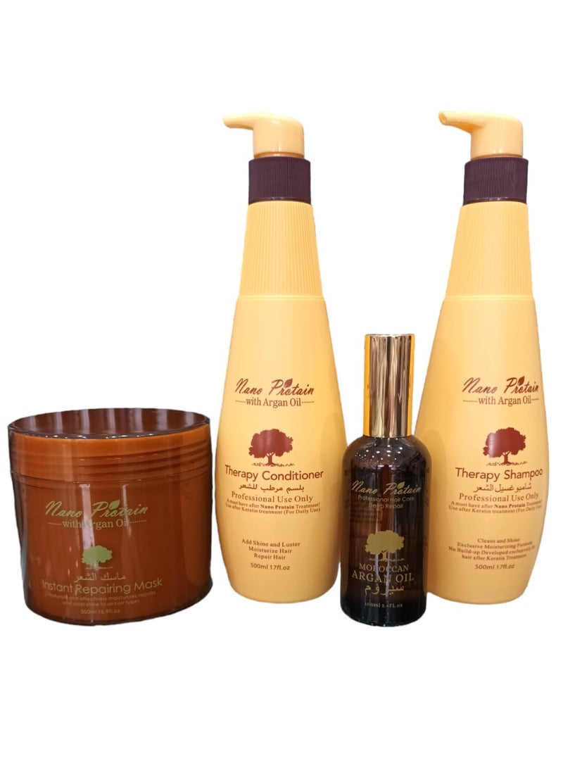 مجموعة نانو بروتين المتكاملة لاصلاح الشعر التالف بزيت الأرجان شامبو 500مل وبلسم 500مل وماسك 500مل وسيرم 100مل